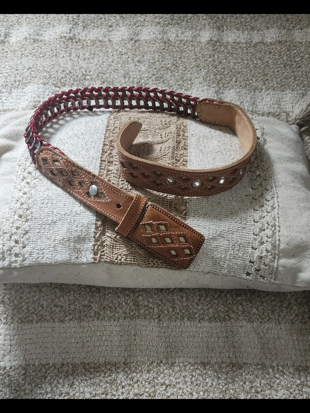 & Other Stories Tan Leather Belt with Red Braided Accent